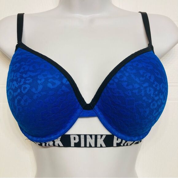 Victoria's Secret PINK Wear Everywhere Push Up Bra Size 34D Leopard Print Blue - Picture 2 of 10